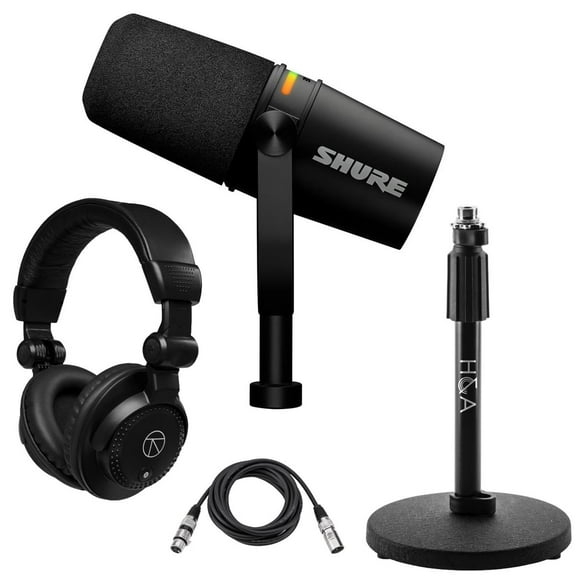 Shure Shure MV7 Dynamic Unidirectional Dual XLR/USB Podcasting Microphone, Black Bundle with H&A Telescoping Tabletop Microphone Stand, Microphone Cable, TAPH500 Pro Closed-Back Studio Headphones