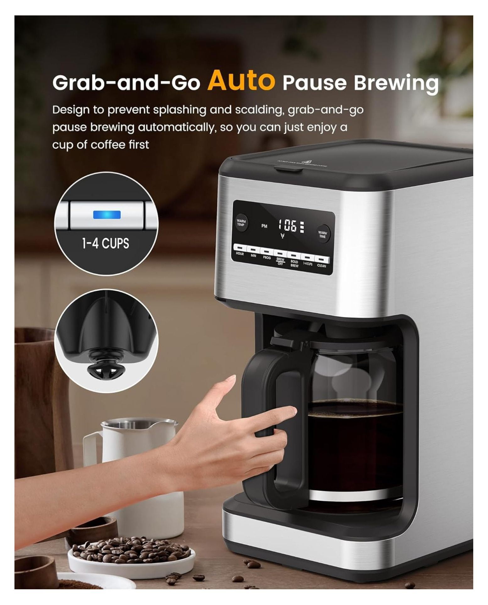14-Cup Coffee Maker, 24-Hour Programmable Coffee Brewer, Keep Warm, Drip Free, Washable Filter, Stainless Steel, Silver
