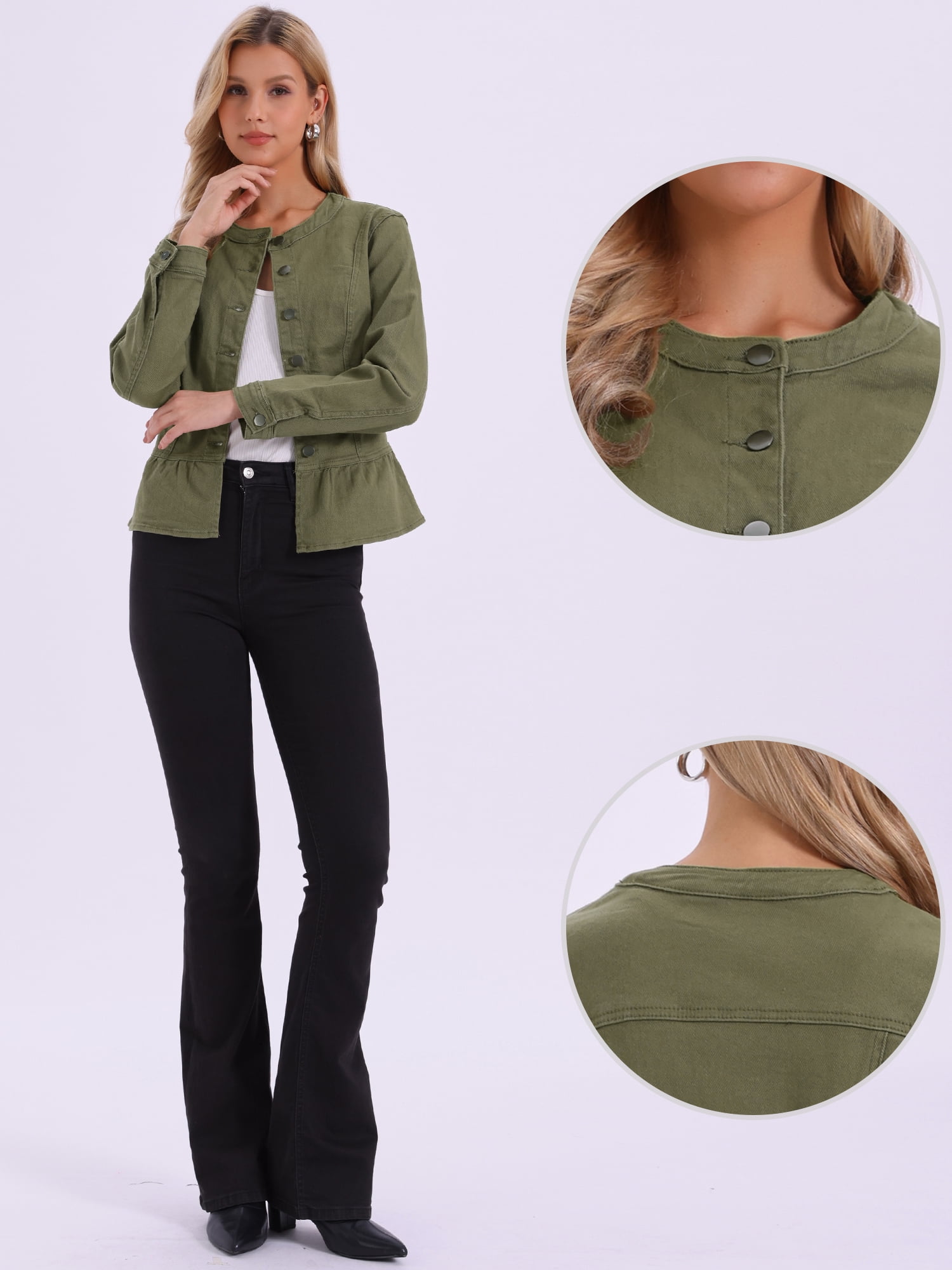 DARING DIVA Women's Peplum Hem Button Down Collarless Jean Jacket S Army Green