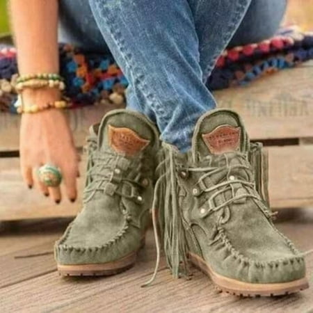 

Comfortable Booties For Women Boots Shoes Tassel Round Retro Toe Leather Casual For Women Boots Women S Boots Womens Fold Over Boots Lace Up Boots For Women