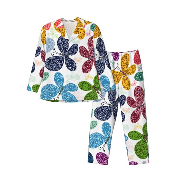 Balery Colorful Butterflies Pijama para Hombre de Dos Piezas con Manga Larga, Conjunto de Dormir y Descanso Suave con Bolsillos-Large
