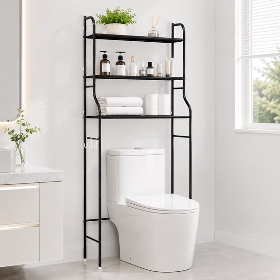 punada Bathroom Over The Toilet Storage Rack, 3-Tier Metal Bathroom Organizer Shelf Above Toilet with 3 Hooks, Freestanding Shelf Space Saver for Bathroom, Black, 59.84" H