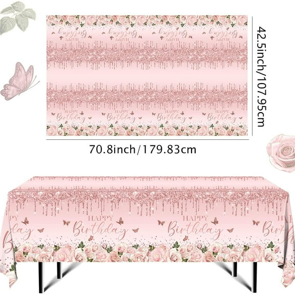 Chenran-Pink Rose Gold Tablecloth Decoration - 3 PCS Happy Birthday Tablecloth Disposable Plastic Sequin Tablecloth Girls Birthday Wedding Party Tablecloths for 50th 60th 70th 80th Men or Women