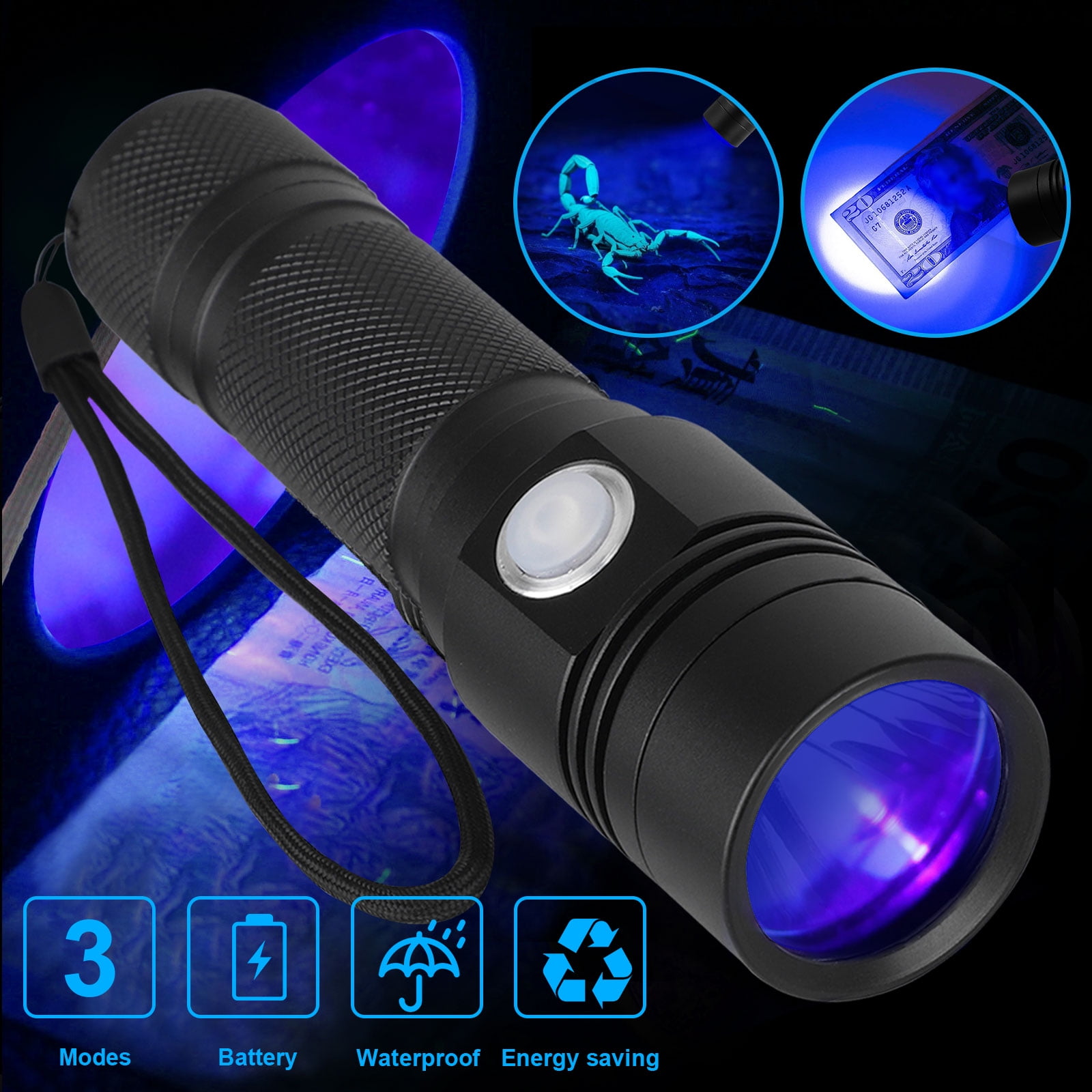 EEEkit Protable UV Flashlight 395nm Black Light Torch Rechargeable Blacklight Ultraviolet LED