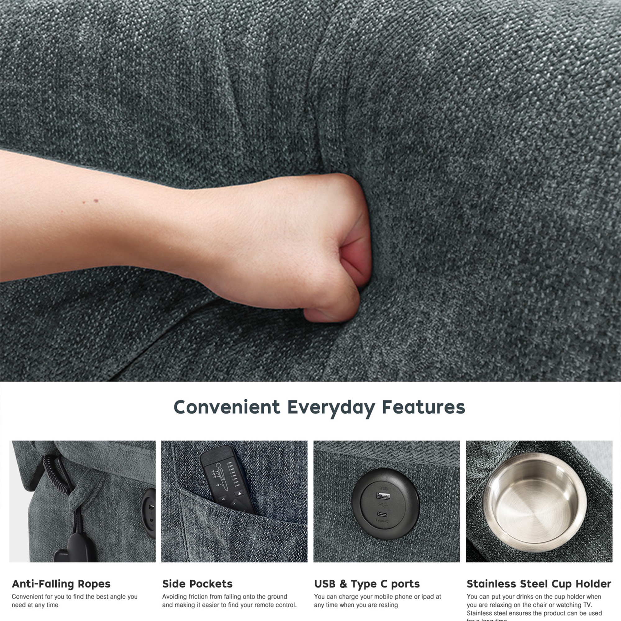 JULY'S SONG Power Recliner Chair with Heat and Massage, Dual Motor Lift Chairs for Elderly with Cup Holders, Oversized Recliners for Adults with USB & Type-C Ports, Grey Blue