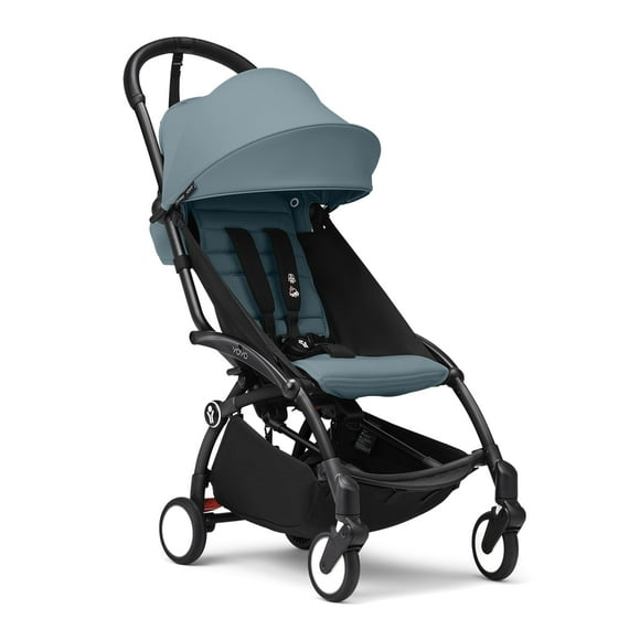 Silla de paseo Stokke YOYO3 de 6 meses con estructura negra y cojín color aguamarina
