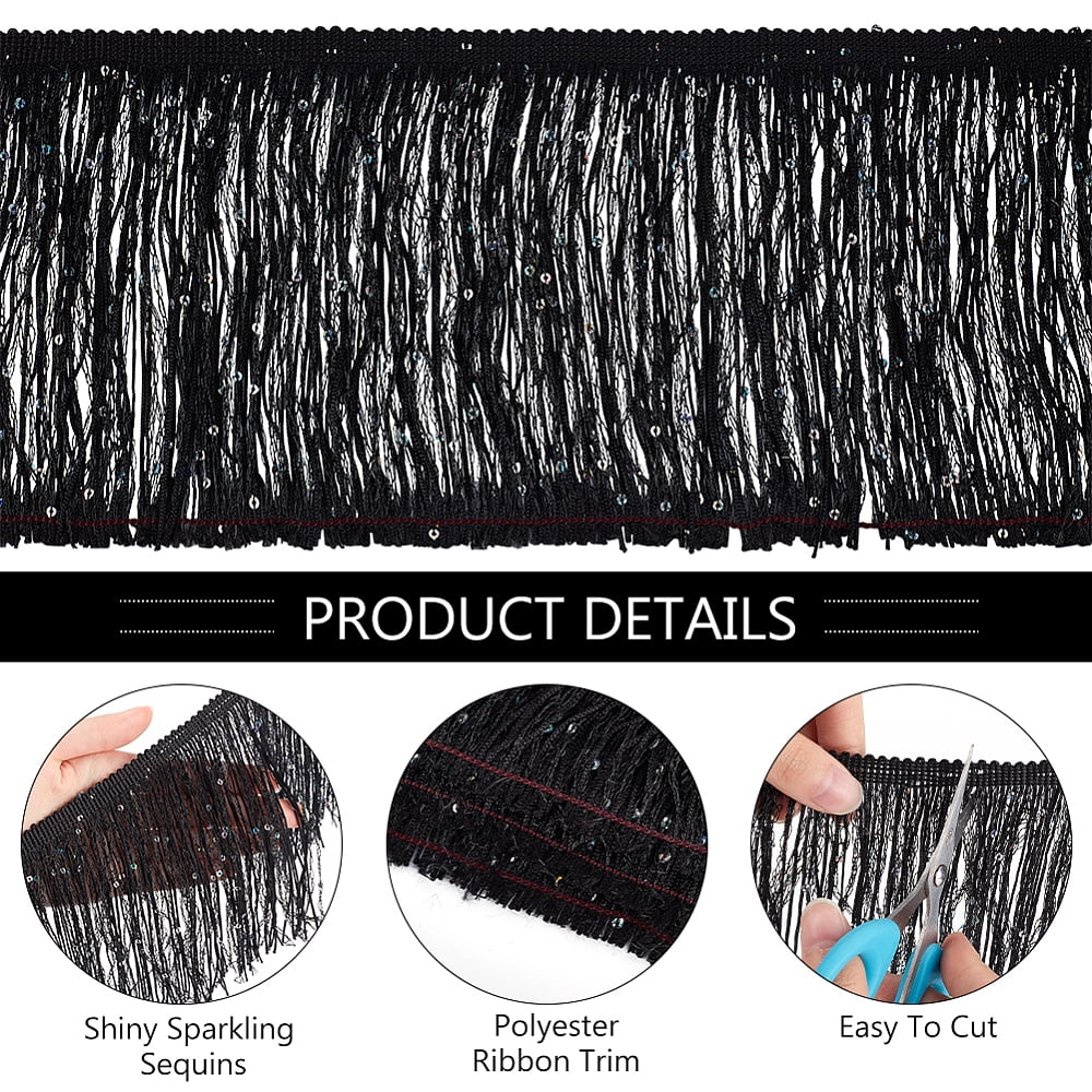 10yards Paillette Tassel Polyester Ribbon Trim Clothes Accessories Black 5-7/8 inch(150mm)
