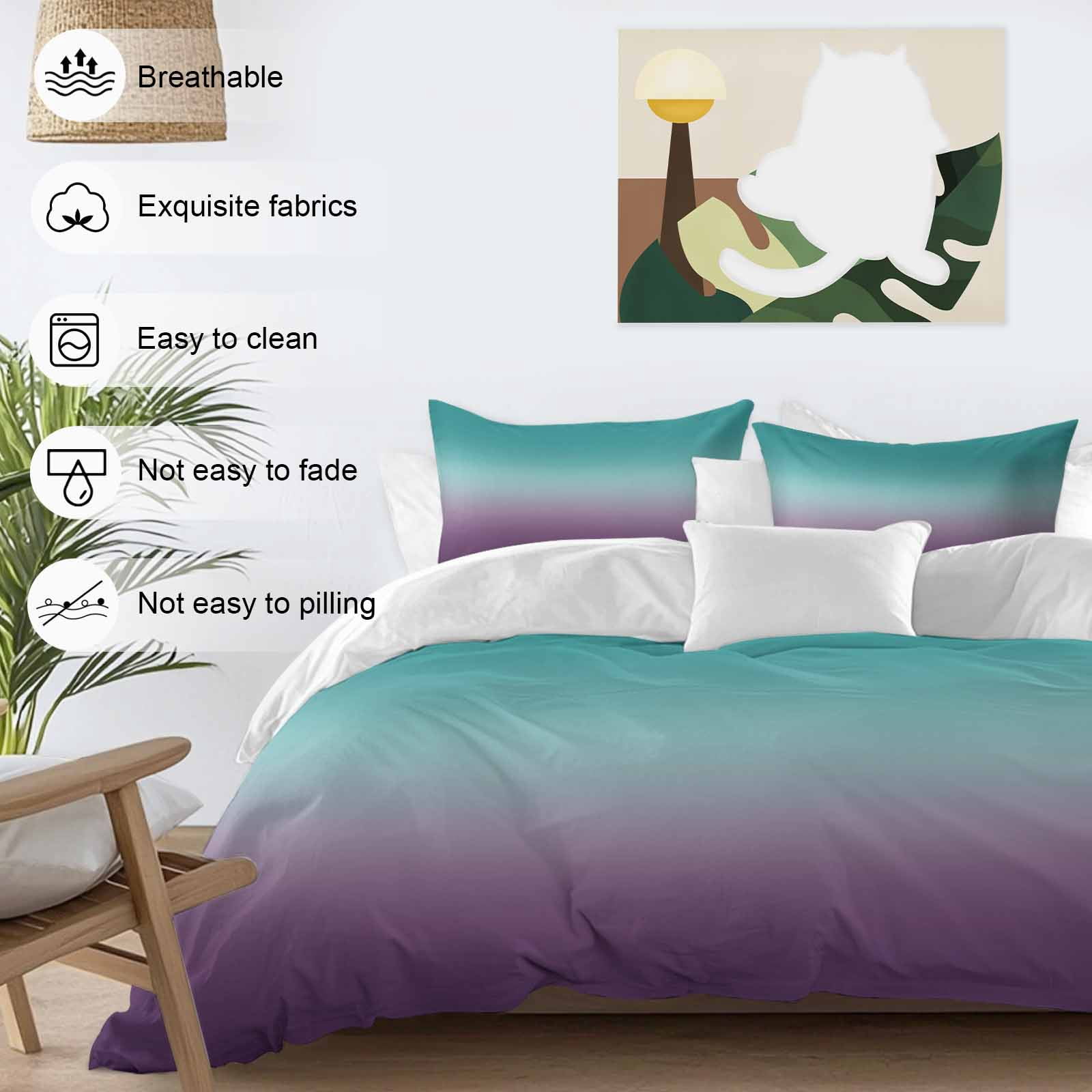 Teal Purple Ombre Duvet Cover Set,Turquoise Gradient Modern Abstract Art Soft Duvet Cover California King Bedding Set 4 Pieces,1 Quiltcover and 2 Pillowcases with Zipper,1 Bed Sheet for All Seasons