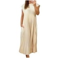 thumbnail image 1 of Vestido sin mangas con cuello redondo y pliegues para mujer 2025: color liso informal, poliéster ligero para el día a día en primavera/verano., 1 of 8