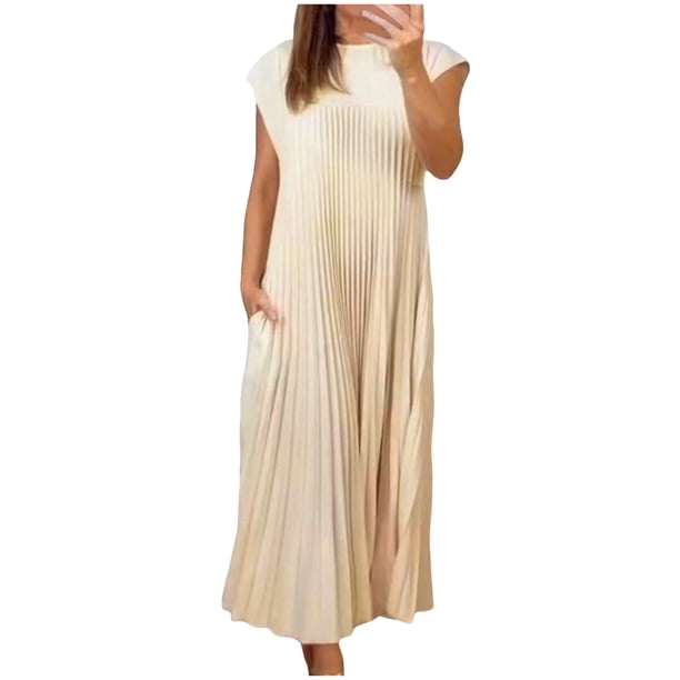 Vestido sin mangas con cuello redondo y pliegues para mujer 2025: color liso informal, poliéster ligero para el día a día en primavera/verano.