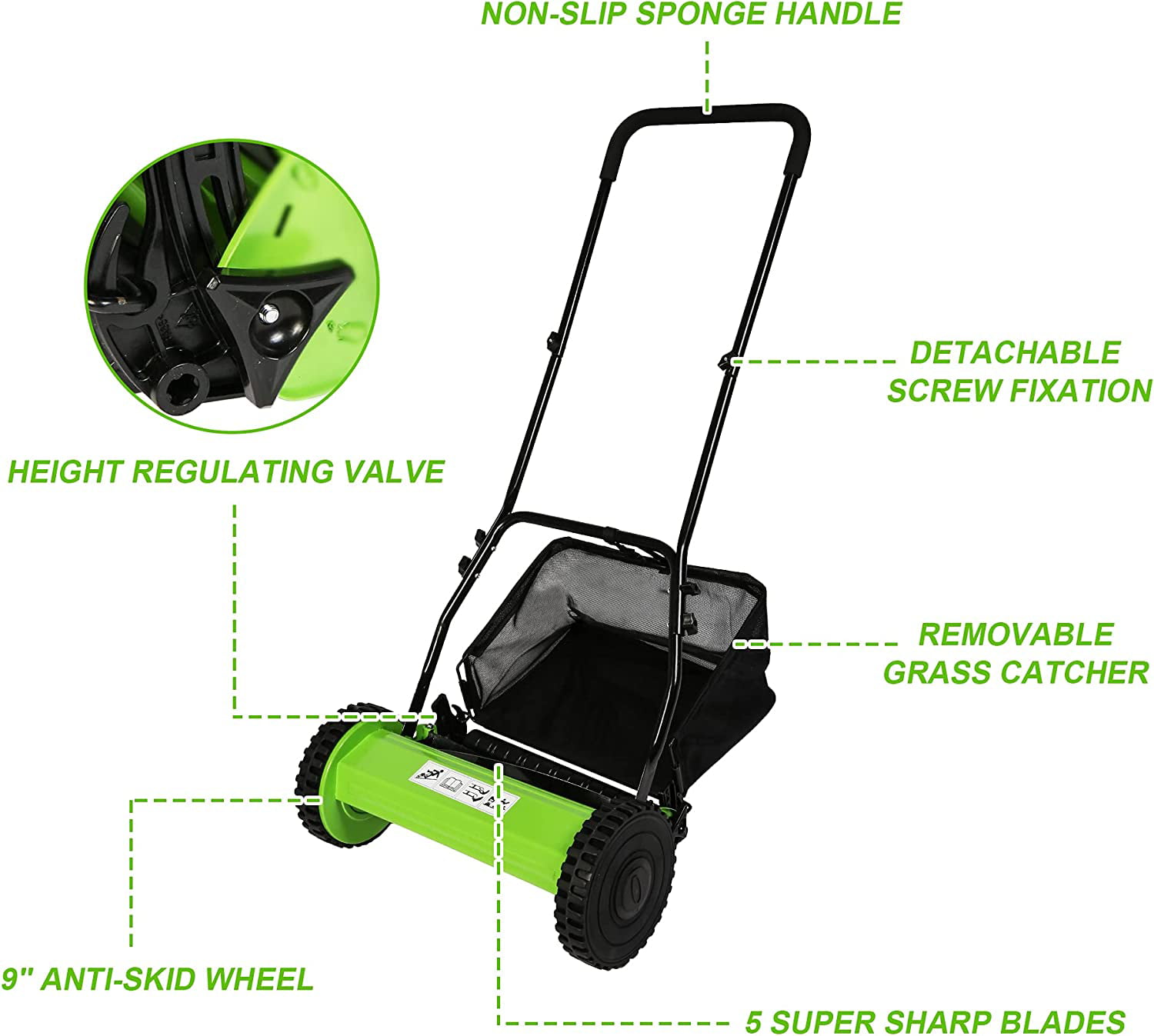 16-inch Manual Reel Lawn Mower Adjustable 5-Blade Push Lawn Mower with  Grass Catcher（ Dual Wheels）