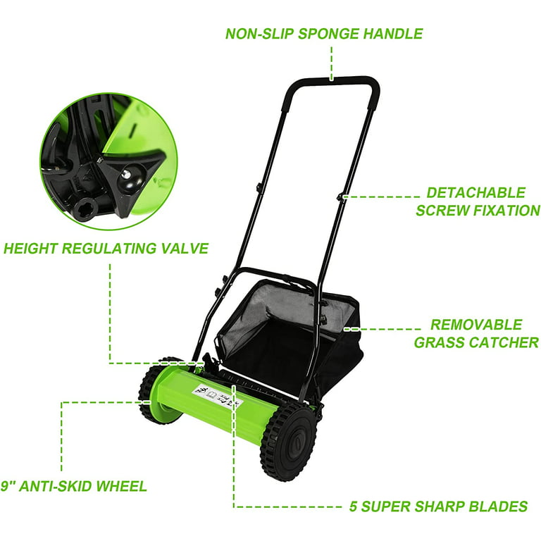 16-inch Manual Reel Lawn Mower Adjustable 5-Blade Push Lawn Mower with  Grass Catcher（ Dual Wheels）