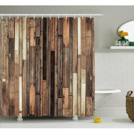 - Wooden Shower Curtain, Brown Old Hardwood Floor Plank Grunge Lodge Garage Loft Natural Rural Graphic Artsy Print, Fabric Bathroom Set with Hooks, Brown, by Ambesonne