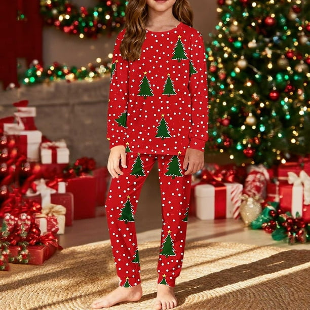 Conjuntos de blusas y camisas de cuello redondo y manga larga con estampado navideño para niños Camisa de manga larga con cuello redondo y cintura elástica Pantalones largos Conjunto de traje de casa