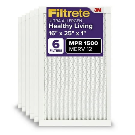 Filtrete 16x25x1 HVAC Furnace Air Filter, MPR 1500 MERV 12, Advanced Allergen Reduction, 6 Pack