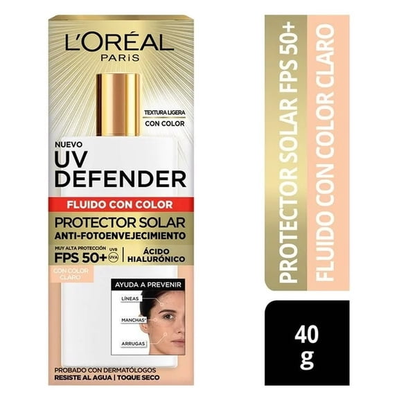 L'OREAL PARIS UV DEFENDER PROTECTOR SOLAR FLUIDO CON COLOR DIARIO FPS 50  ACIDO HIALURONICO COLOR CLARO 40 G