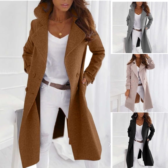 Zedker Womens Winter Coats Long Pea coat Big Lapel Open Front Long Jackets Belted With Pockets Beige L