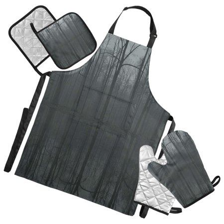 5 Pcs Kitchen Set Heat Resistant Oven Mitts and Non-Slip Pot Holders with Adjustable Cooking Apron Dark Forest Reflections in Water