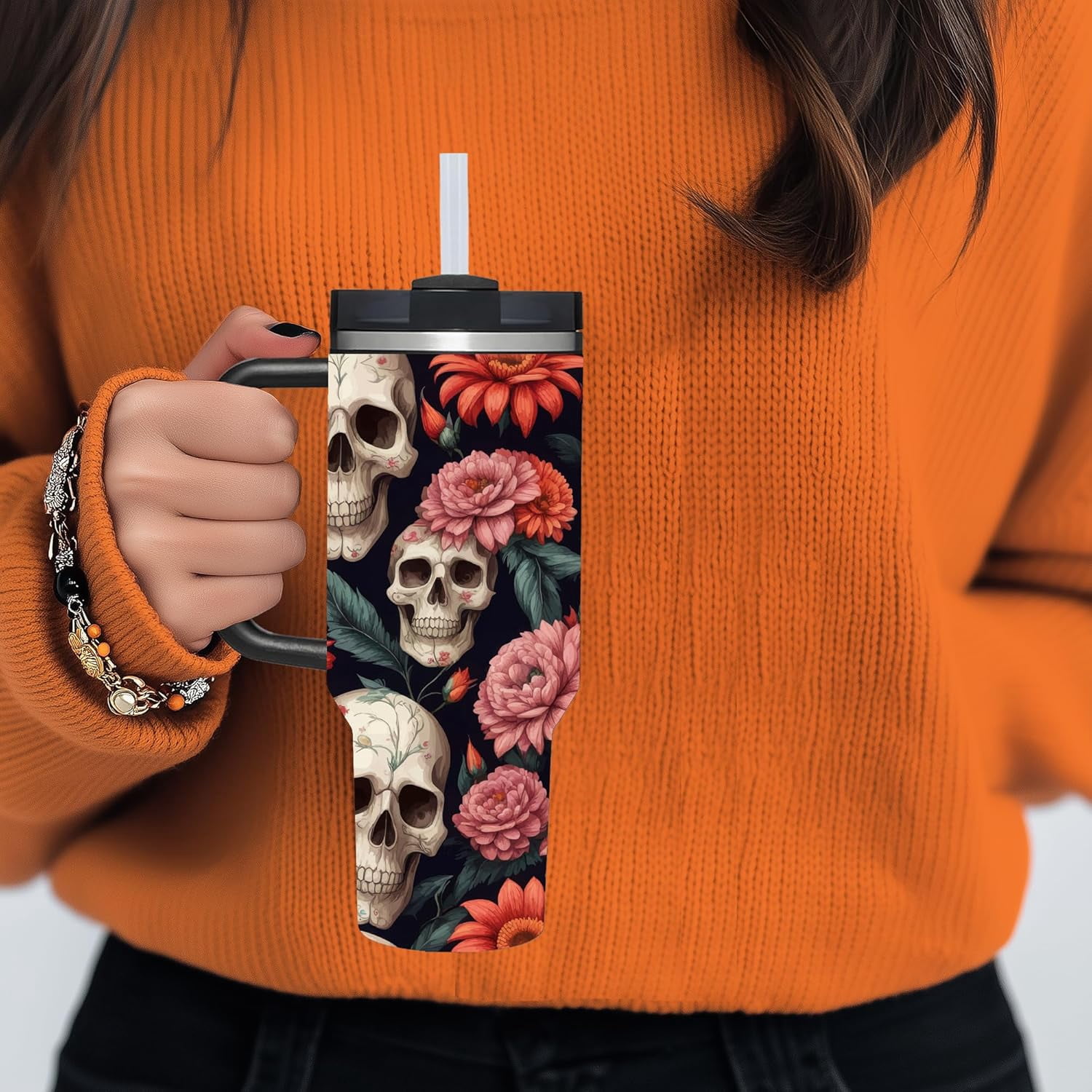 40 OZ Goth Black Skull Tumbler with Handle.Skull Lover Goth Gifts.Unique Birthday Christmas Halloween Gifts.Personalized 40 OZ Goth Black Skull with Flower Tumbler Gifts for Women Men.