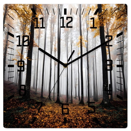 Wall Clock Autumn Maple Forest Operated Square Clocks Wooden Silent Non-Ticking Wallclock 12 Inch Orange Misty Forest Trees Wood Wall Clock for Living Room Bedroom Office Shool Home Decor