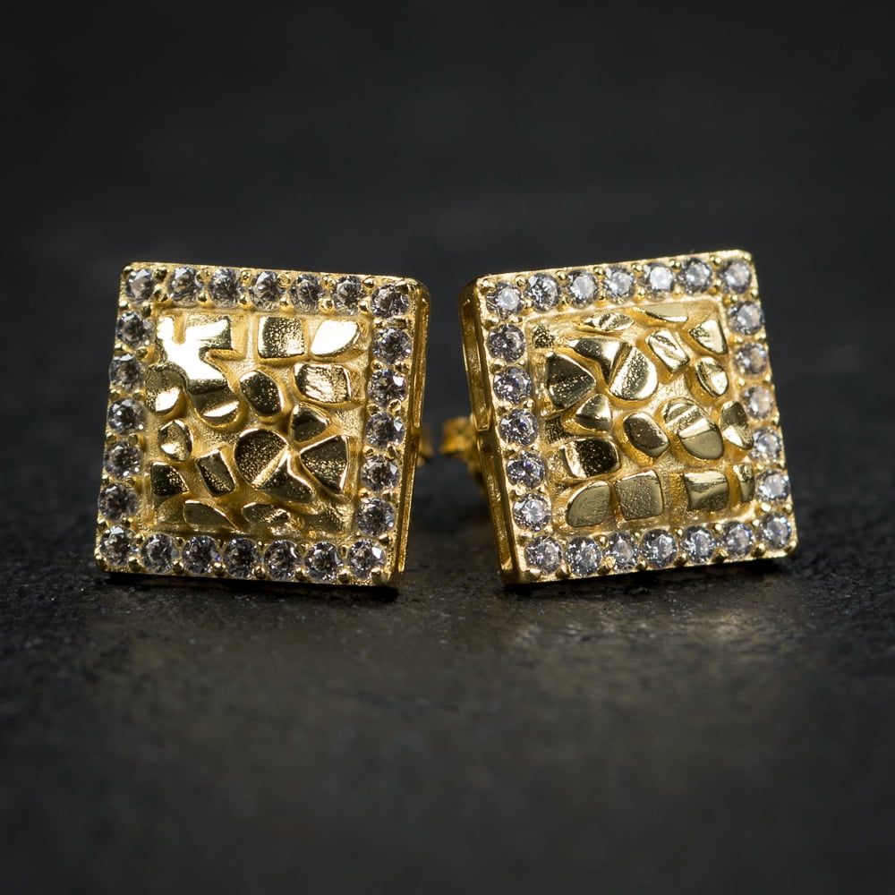 Square Shape 14K Yellow Gold Plated 925 Sterling Silver Screw Back Post 3D Large Retro 90's Hip Hop Ice Out Cz Hypoallergenic Big 10mm Solid Gold Textured Nugget Stud Earrings For Men