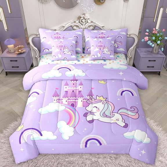 Homewish Cartoon Rainbow 7-Piece Twin Bedding Sets For Kids Boys Girls,Kawaii Animal Unicorn Bedding Comforter Set,Dreamy Princess Castle Breathable Sheet Sets,Microfiber Bedroom Decor,Reversible
