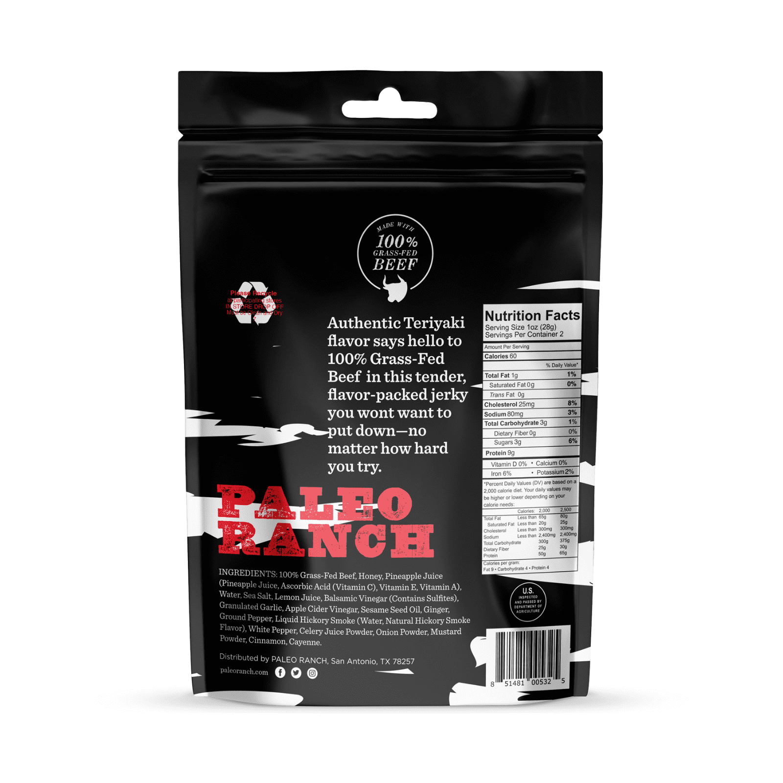 Paleo Ranch Teriyaki Beef Jerky Pouch, 2 oz (Pack of 6)
