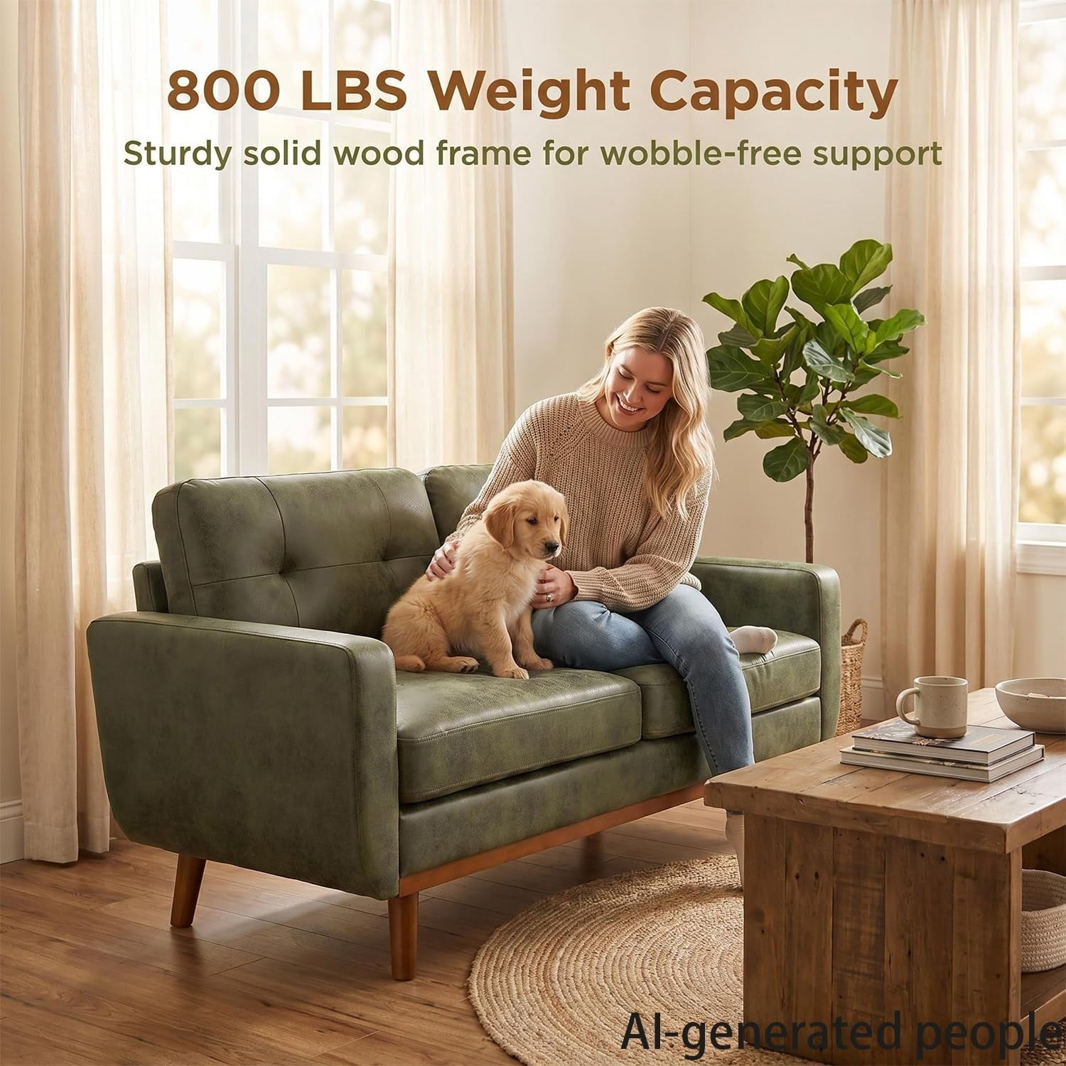 MOONMISS 65" Loveseat Couch, Modern Small Sofa With Walnut Wood Legs 2-seater Fabric Upholstered Mini Sofa Couches For Small Space,living Room Bedroom Office Dorm Apartment,Olive