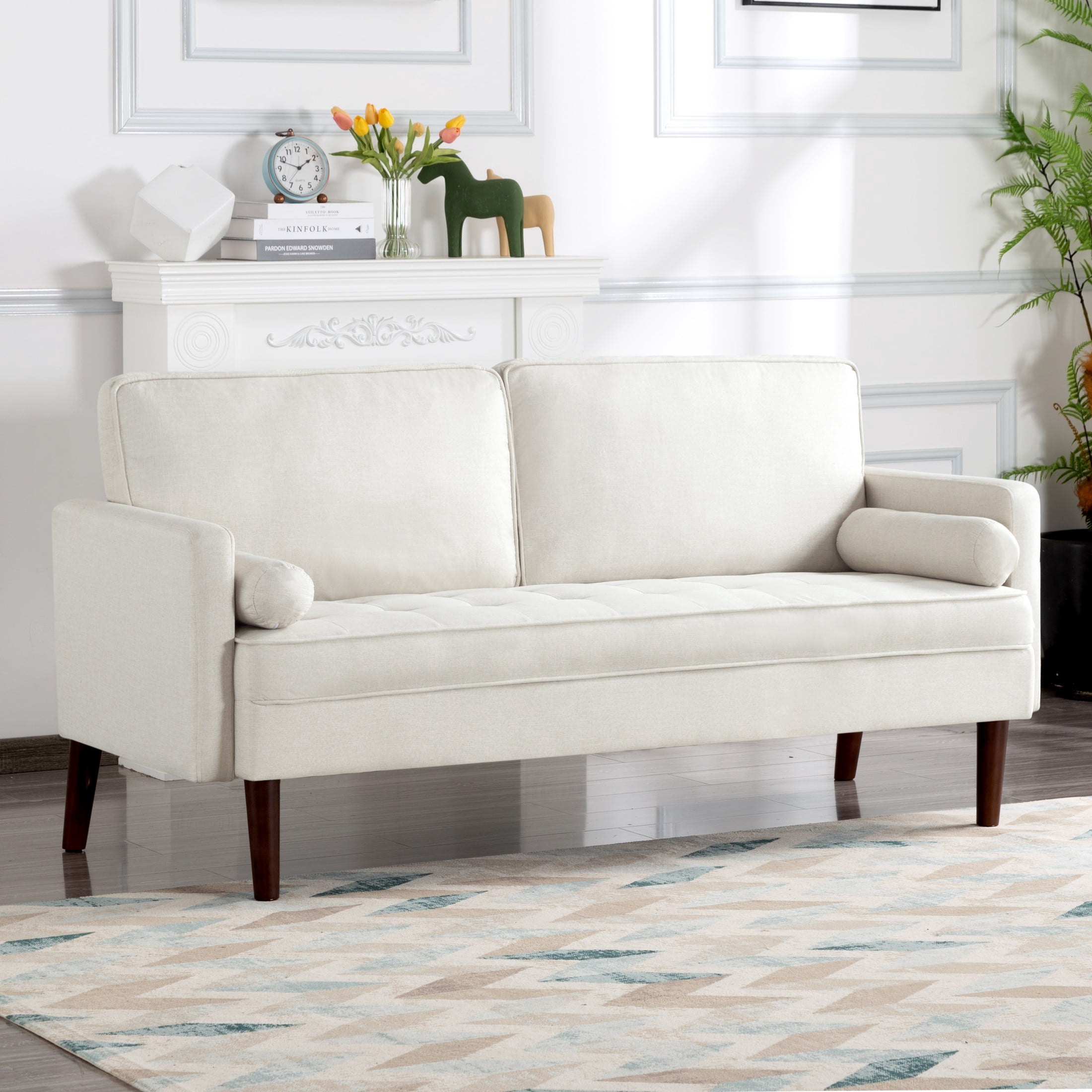 Gewnee 65" Modern Loveseat Couch, Upholstered Sofa with Removable Back Cushion and 2 Bolster Pillows, Contemporary Loveseat for Living Room, Home Office, Bedroom(White)