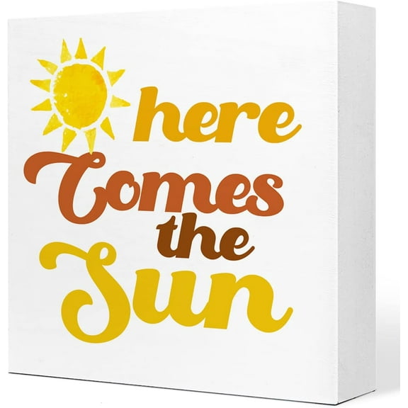Here Comes The Sun Inspirational Wooden Plaque Sign Desk Decor,Rustic Sunshine Wood Block Sign Desk Decorations For Summer Home Living Room Office Garden Beach House Shelf Table Decor 5x5 Inch