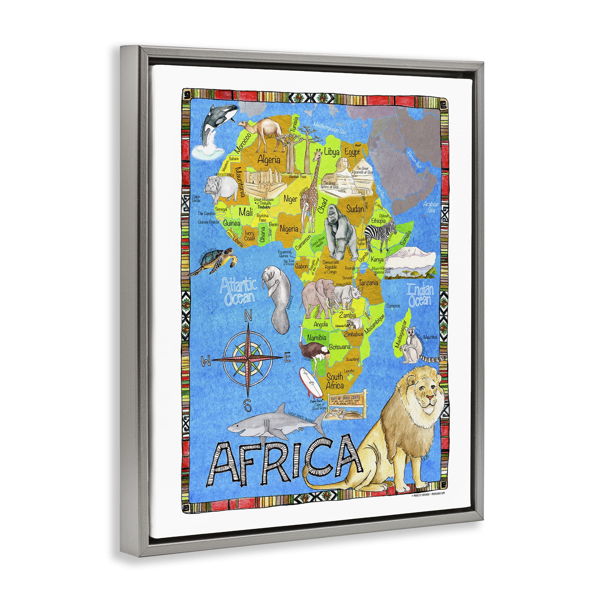 Stupell Industries African Animals Map Town & City Painting Gray Floater Framed Art Print Wall Art, 17 x 21