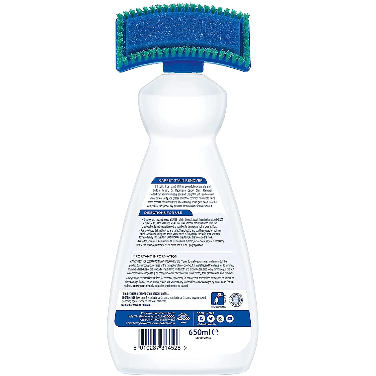 Uovertruffen melodrama Mere end noget andet Dr. Beckmann Carpet Stain remover with cleaning applicator/brush - 650ml  (Pack of 2) - Walmart.com