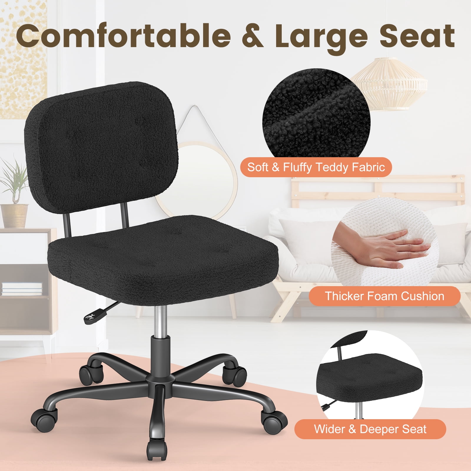 YERAIRR Armless Office Chair with Wide Seat,Teddy Fleece Fabric Home Computer Desk Chair Thickened Cushion Swivel Vanity Chair Black