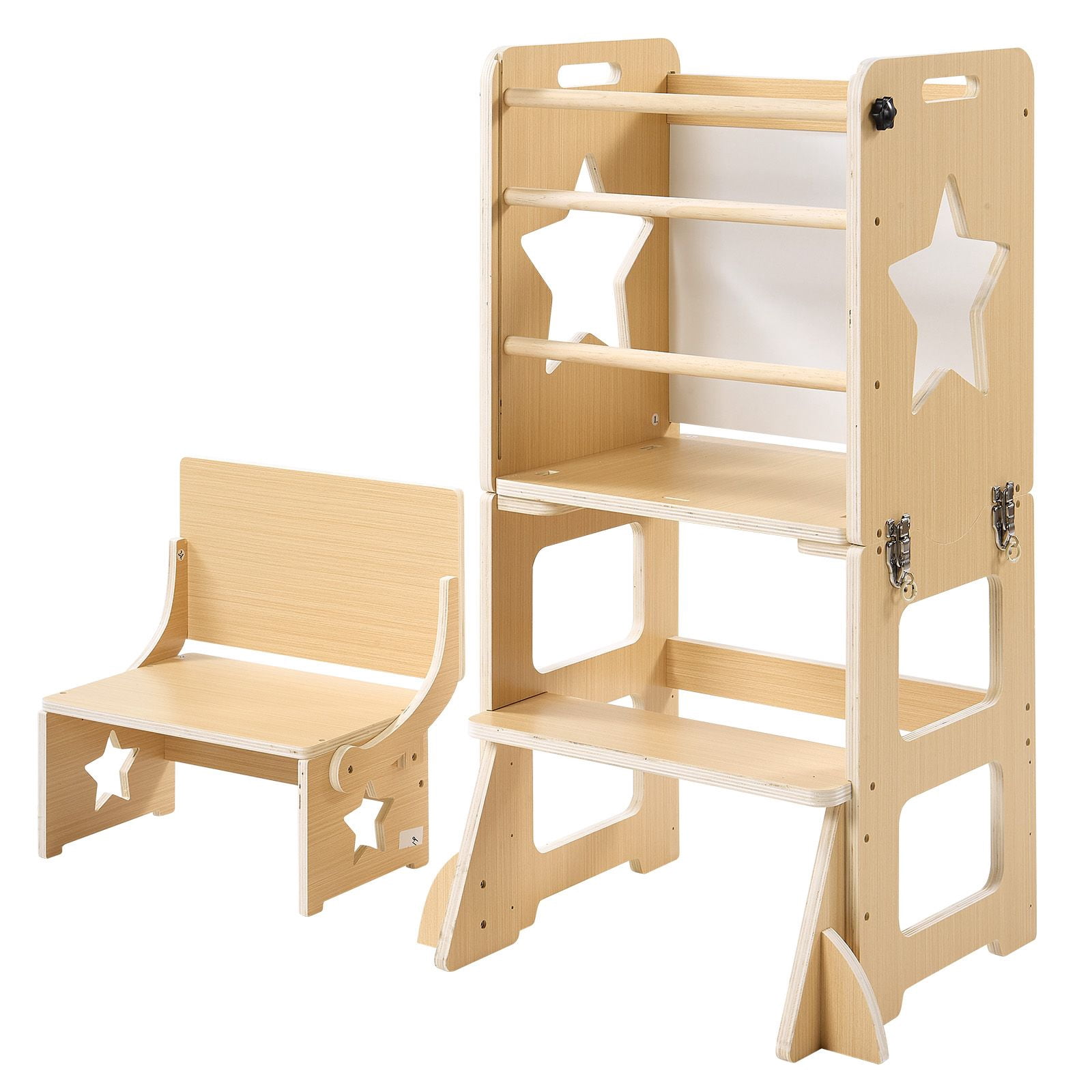 Toddler Tower, Wooden, 6 in 1 Kitchen Step Stool for Kids 1-5, Montessori Weaning Table and Chair Set, Learning Standing Tower with Blackboard & Feeding Tray, for Bathroom and Kitchen Counter
