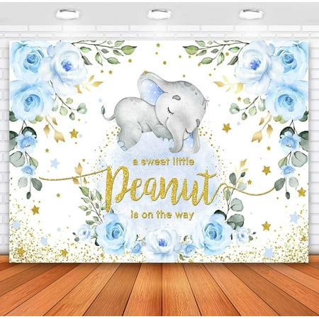 Image of Sensfun Baby Boy Elephant Baby Backdrop Blue Floral Cute Little Peanut is on The Way Photography Background Blue