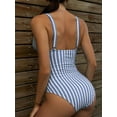 thumbnail image 3 of Hotian Women Stripe One Piece Swimsuit Plunge V Neck One Piece Bathing Suit Deep V-Neck Sexy Swimwear Blue XL, 3 of 7