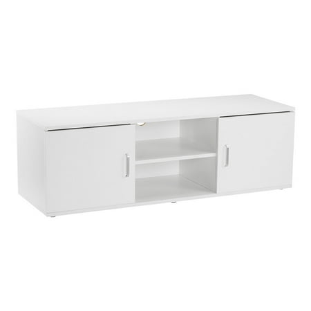Rattan Media Shelf - LANGRIA Mid-Century Modern TV Stand Entertainment Media Console Center with 2 Doors, 2-Tier Open Shelf and Ample Flat Surface,Contemporary Living Room Widescreen Storage System Unit