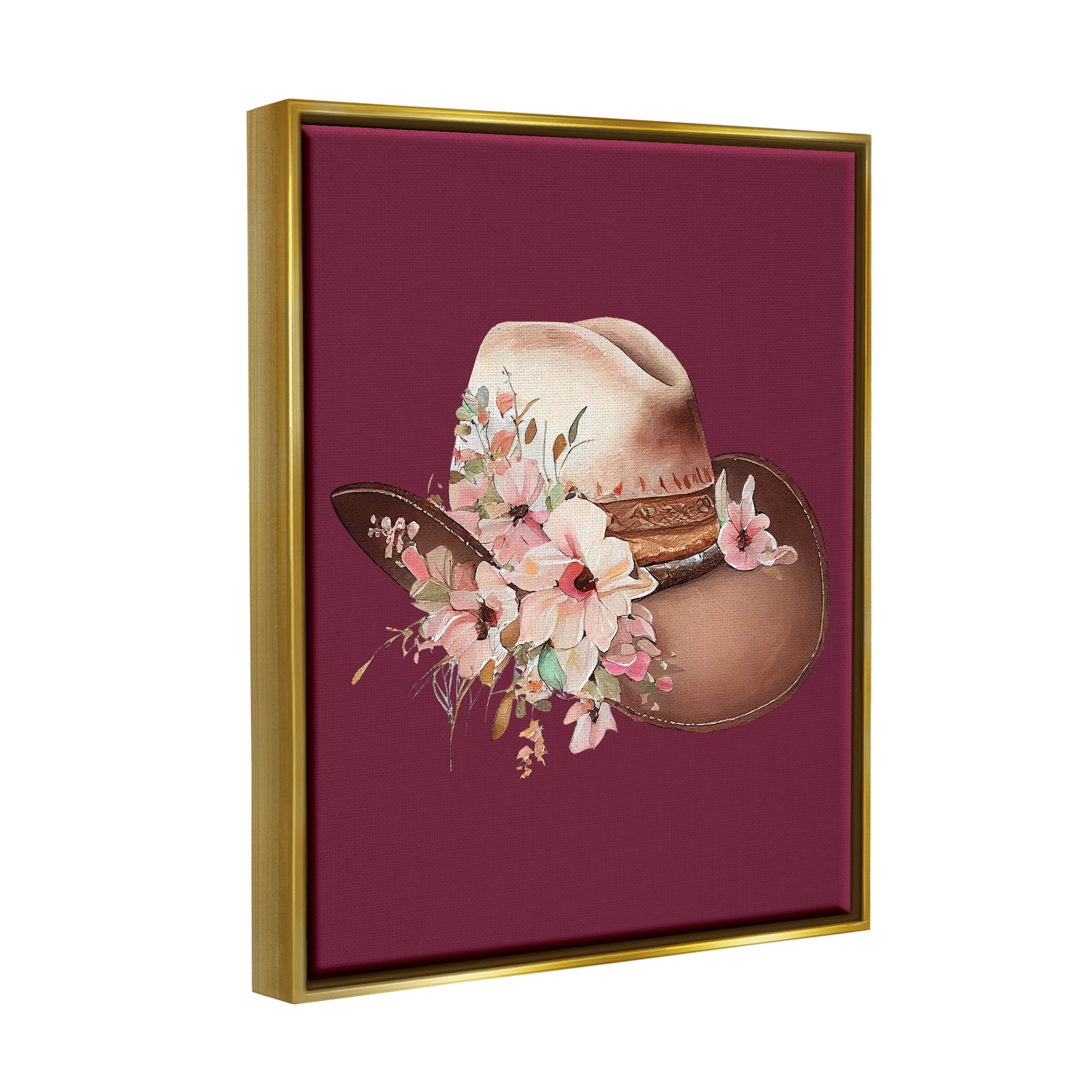 Stupell Industries Cowgirl Hat on Burgundy Botanical & Floral Painting Gold Floater Framed Canvas Art Print Wall Art, 25 x 31