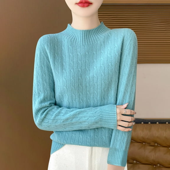 Zedker Sweaters for Women Mock Turtleneck Long Sleeve Soft Shirts Fall Ribbed Tops Tee,Plus Size Blue L