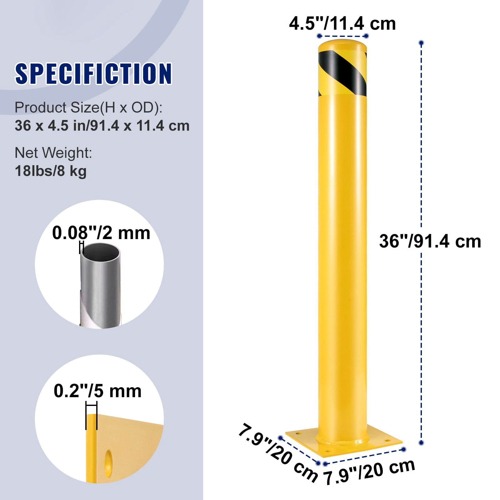 Safety Bollard Safety Barrier Bollard 4-1/2" OD 36" Height Yellow Powder Coat Pipe Steel Safety Barrier with 4 Free Anchor Bolts for Traffic-Sensitive Area