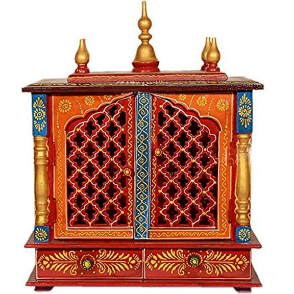 Wooden Temple Religious Home Temple, Pooja Mandir Indian Hindu Decoration Puja Cabinet Temple Bhagwan Wall Hanging Decor For Home Office Decor By KAMDHENU ART AND CRAFT. (Blue)