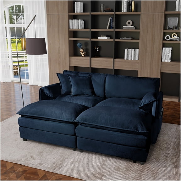 JERFIT Modern 4-Piece Modular Sectional Sofa Set with 2 Ottomans, Plush Chenille Fabric, Deep Seating for Living Room, Apartment, Blue