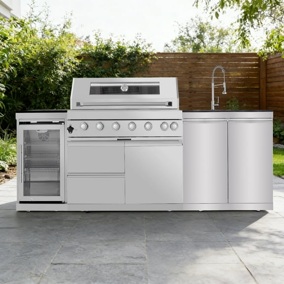 Daheat 43-Inch 6-Burner 85000 BTU Stainless Steel Gas Modular Outdoor Kitchen Grill Island with Wine Cooler, Refrigerator, Rotisserie, Granite Countertop & Storage Cabinets