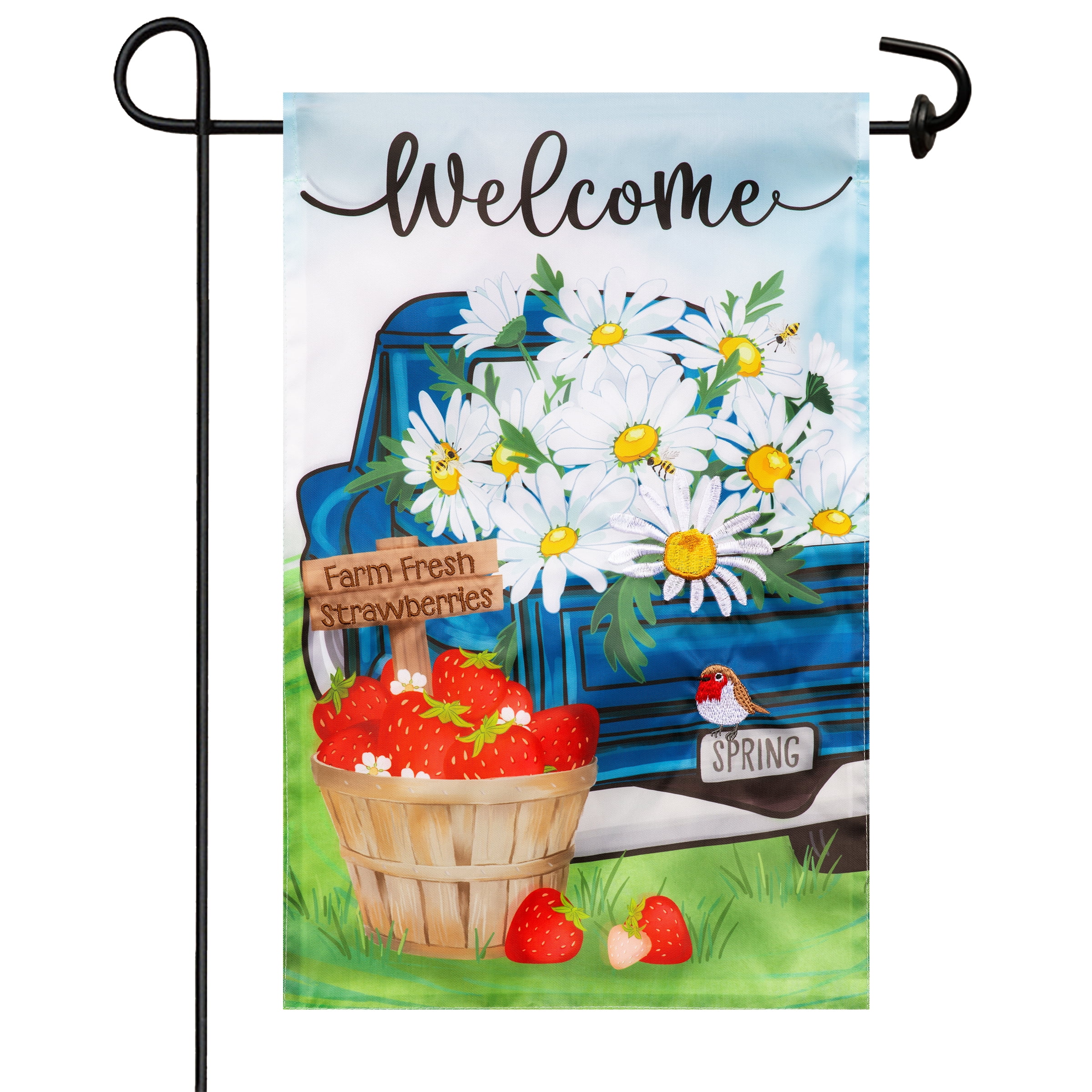 Meadow Creek 11.5" x 18" White Daisy Strawberry Blue Truck Outdoor Yard Flag