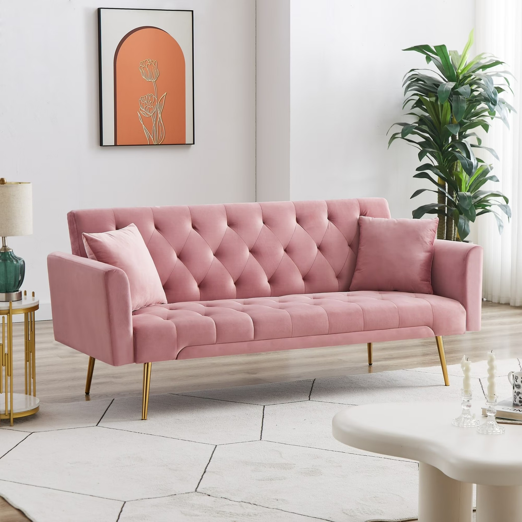 71 Inches Velvet Futon Sofa Bed with 2 Pillows,Modern Convertible Futon Couch with Adjustable Backrest,Pink 02