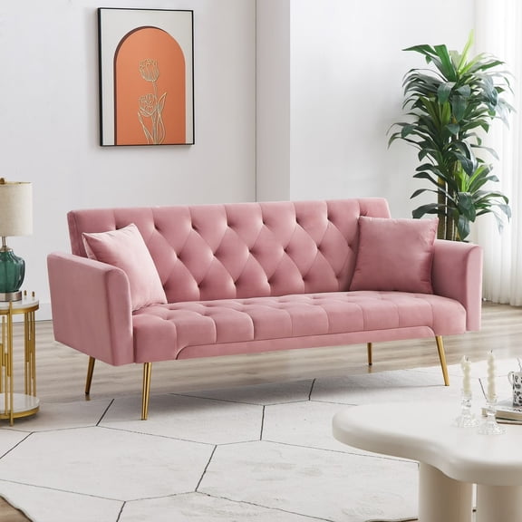71 Inches Velvet Futon Sofa Bed with 2 Pillows,Modern Convertible Futon Couch with Adjustable Backrest,Pink 02