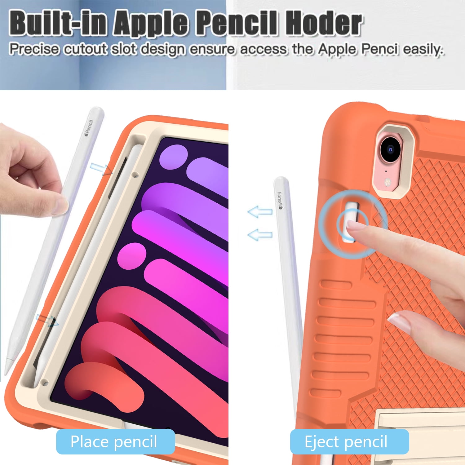 3-in-1 Case for Apple iPad Mini 2021 (8.3 Inch, 6th Generation) Tablet - Silicone/Plastic Composite Case, Shockproof Drop Proof Rugged Cover, Built-in Pencil Holder Kickstand Hard Shell (Orange)