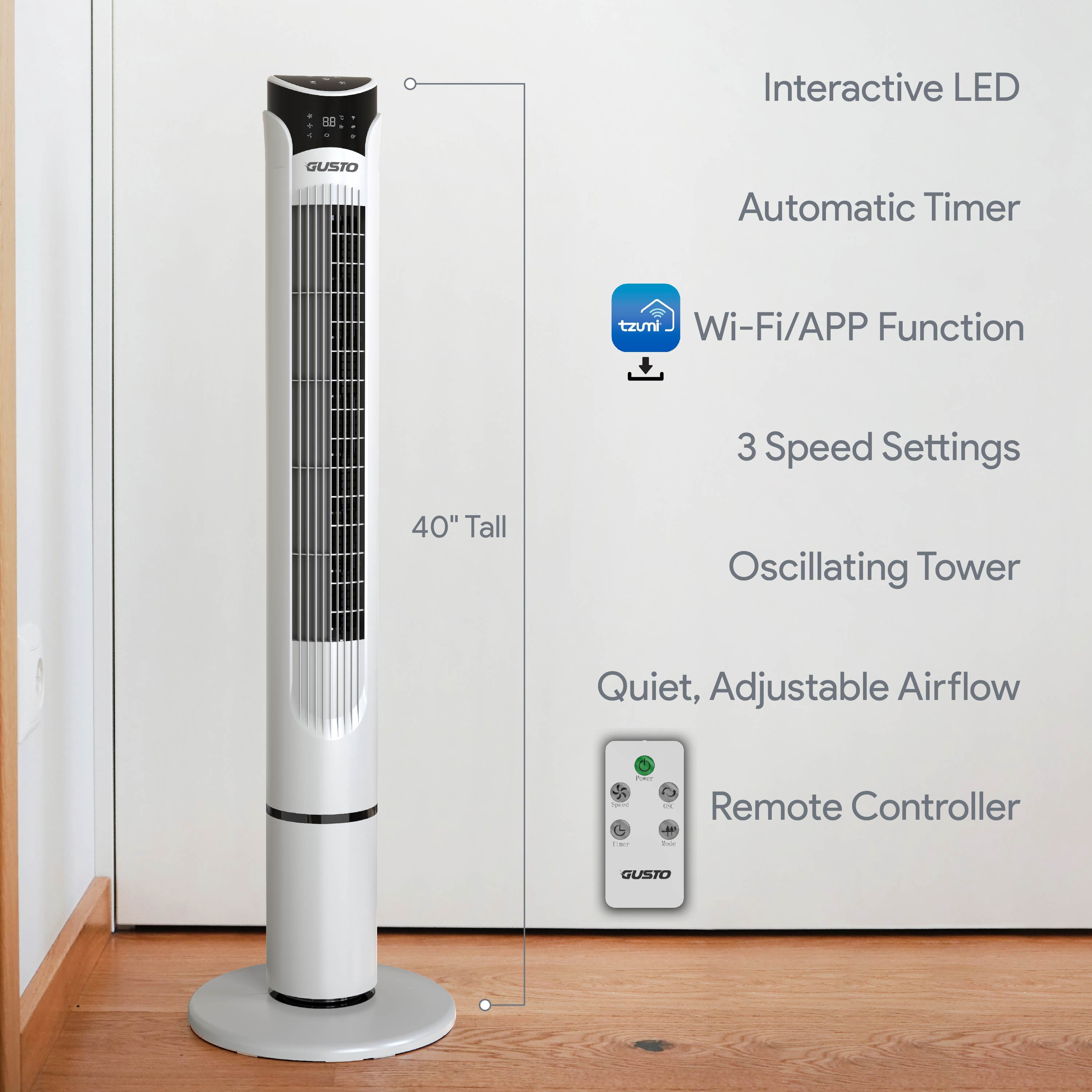 Tzumi 40" Smart Tower Fan, Bladeless Oscillating Standing Floor Fan with Remote, LED Display, and WiFi Function, White