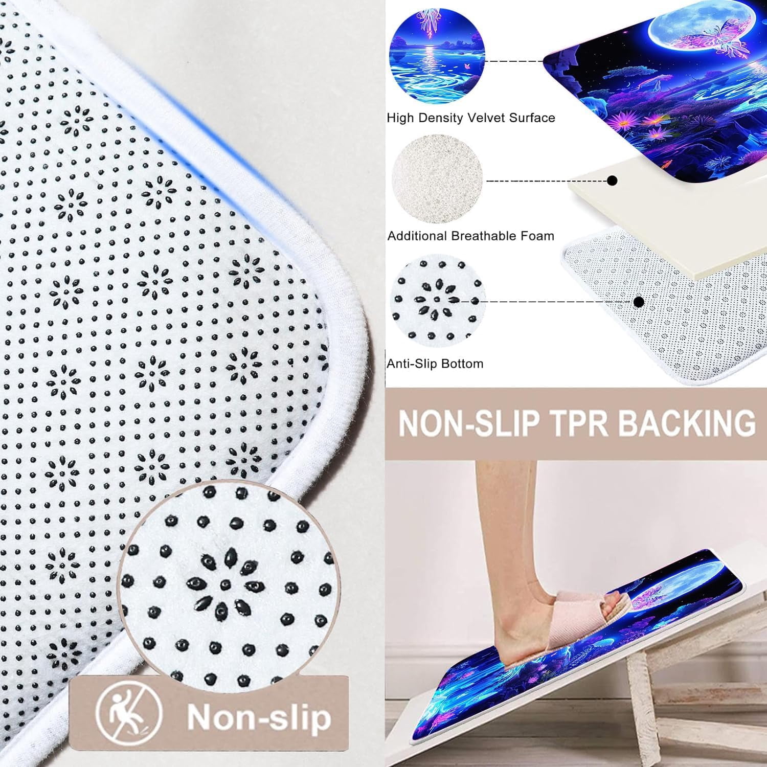4PCS Mushroom Bathroom Shower Curtain Set with Rugs, Toilet Lid Cover and Bath Mat, Moon and Stars with 12 Hooks, Durable Bathroom Decor Set 701.9x70.9in