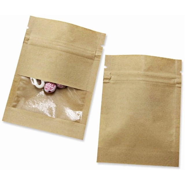 MITOB Pack 100Pcs Resealable Brown Kraft Paper Window Bags (Inner Size 2.36x2.36inch) for Zip Food Storage Lock Seed Packets Coin Envelopes Zipper Lock Cookies Coffee Beans Storage Bags
